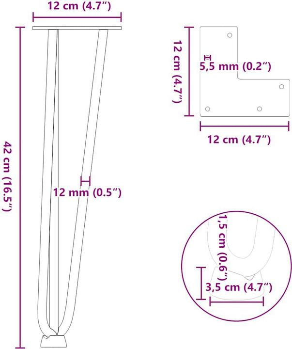 Produktbild vidaXL Haarnadelbeine 4 Stk. Schwarz 42 cm Massivstahl Hairpin Tischbein
