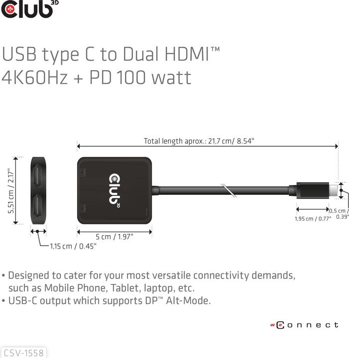 Actual product image Club 3D Club3D MST hub USB 3.2 Type C > 2x HDMI 4K60Hz +100W PD St/Bu retail (USB-C, 3 Ports)