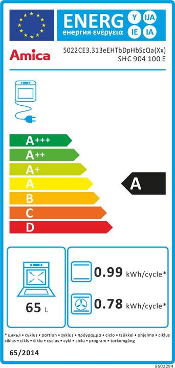 Energy Label Amica Free-standing cooker with glass ceramic hob SHC 904 100 E Usable volume 65 l WxHxD 500 x 850