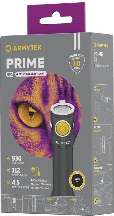 Image du produit ArmyTek Prime C2 Magnet USB Lampe torche LED chaude avec clip ceinture, avec étui alimentée par piles 930lm (10.40 cm, 930 lm)