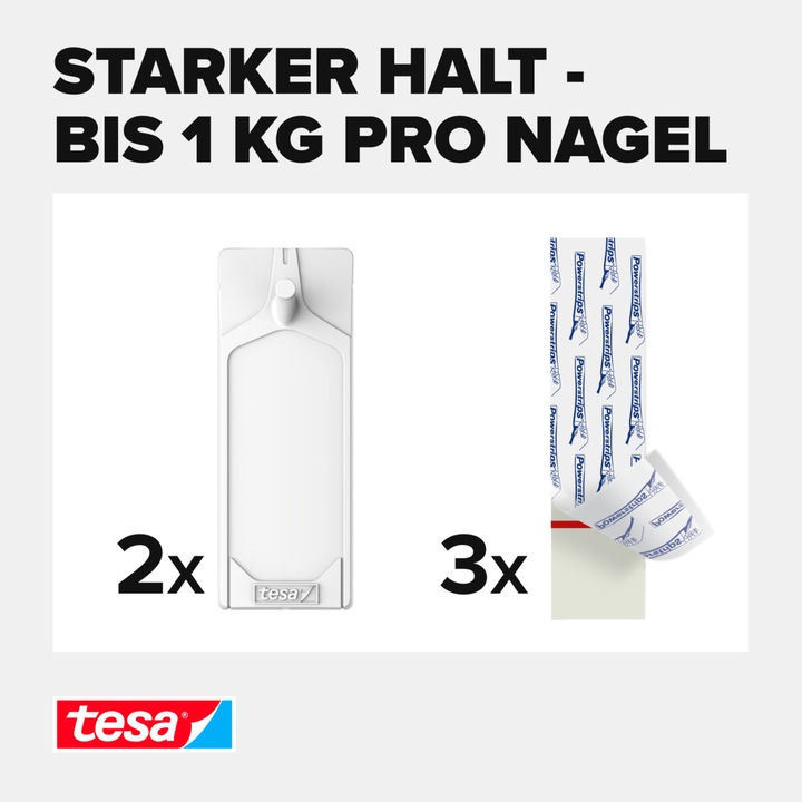 Produktbild tesa Klebenagel für Tapete & Putz, 1kg Halteleistung, spurlos ablösbar & wiederverwendbar, 2 Nägel