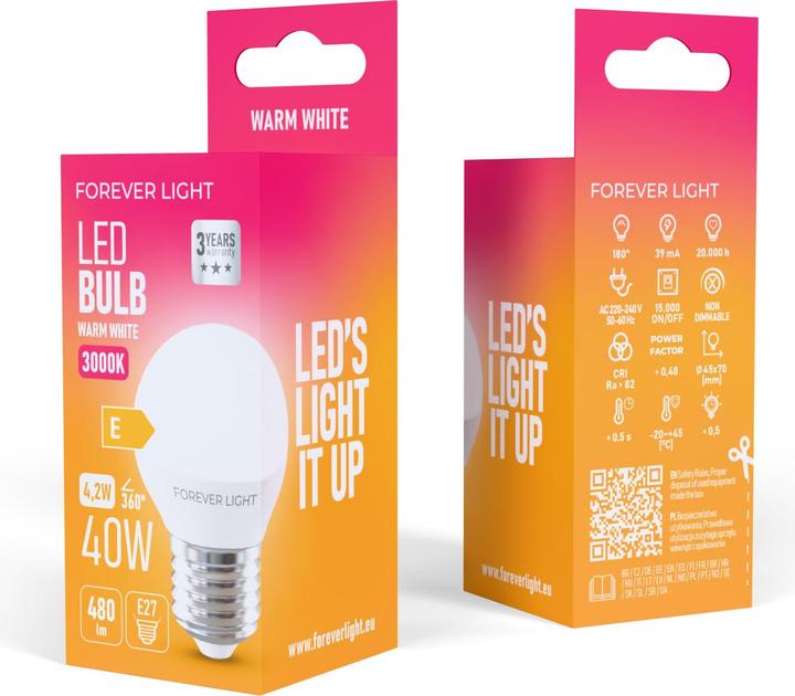 Image du produit Forever Light LED Bulb E27 G45 4.2W 480lm 3000K class E (E27, 480 lm, 100x)