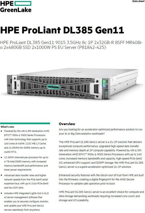 Actual product image HP HPE DL385 G11 9015, 64GB, 2 x 480GB SSD, RPS (64 GB, Rack Server)