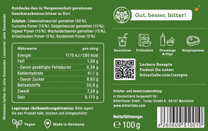 Valeurs nutritives et ingrédients Bitterliebe Poudre d'herbes naturelles sélectionnées 100 g (1 pièce(s), Poudre, 100 g)