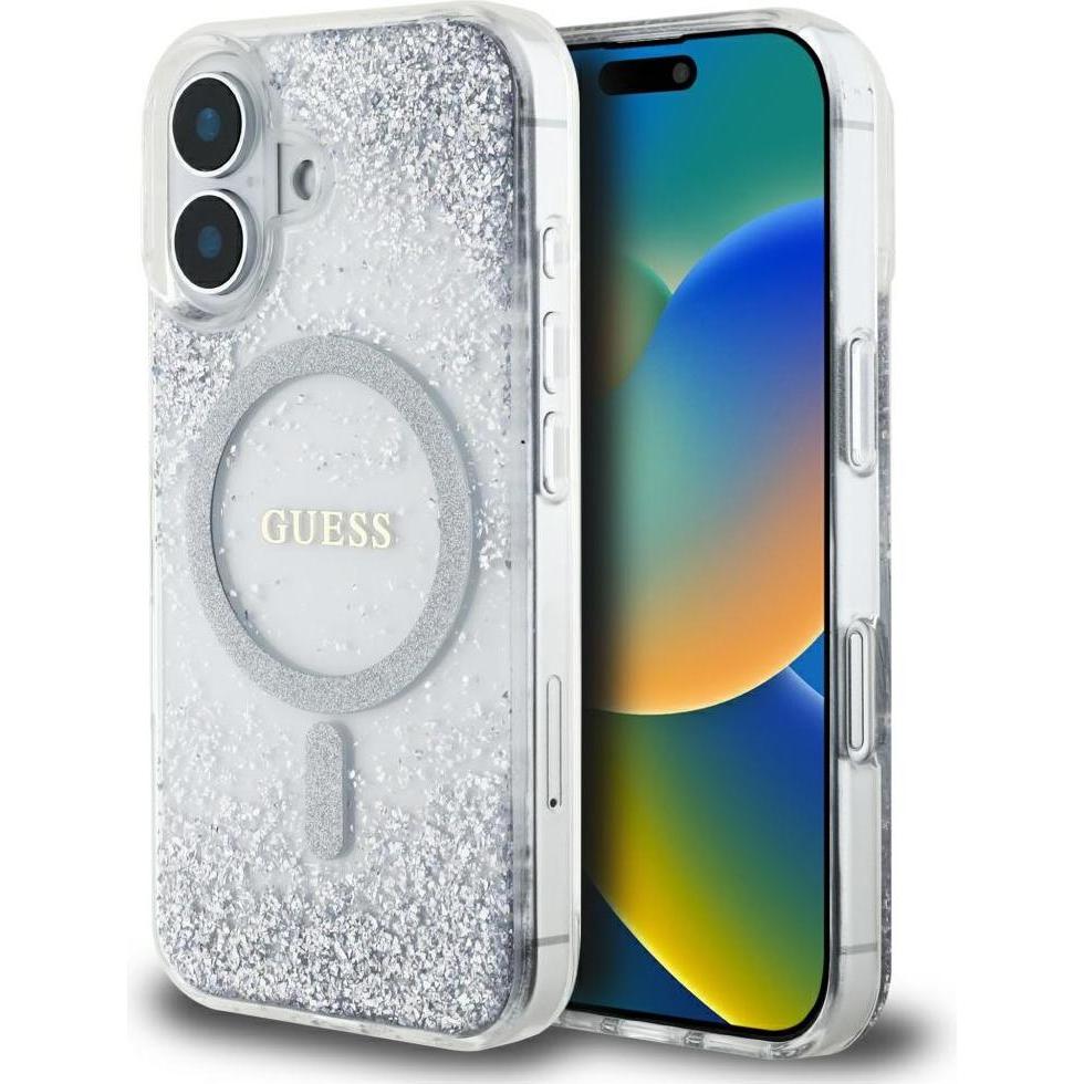 Guess HC Resin Bottom Glitter MagSafe case for iPhone 16 - silver (Apple iPhone 16), Cover smartphone, Argento
