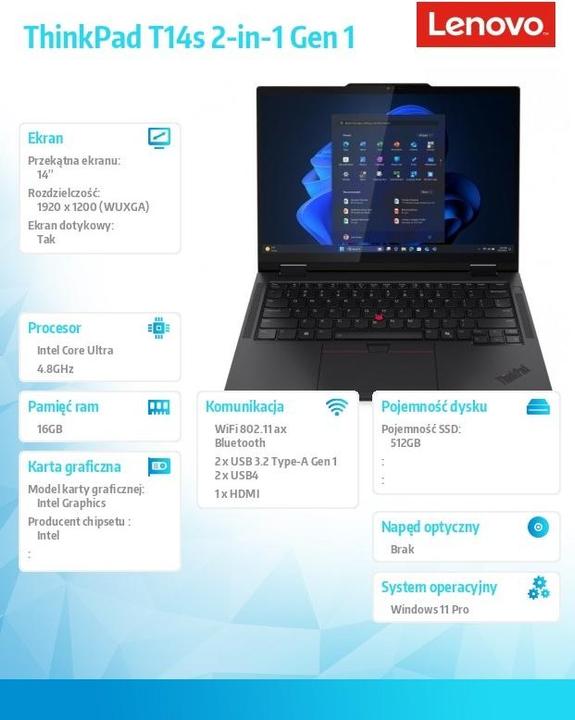 Produktbild Lenovo ThinkPad T14s 2-in-1 Gen 1 (14", 512 GB, 16 GB, Eng. Int., Intel Core Ultra 5 225)