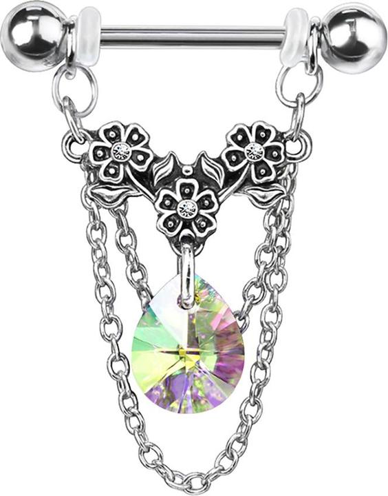 Produktbild Star Piercing Barbell silber Blumen mit Kristall multicolor und Anhänger Kette (Messing, Chirurgenstahl 316L)
