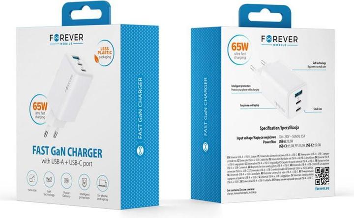 Actual product image Forever TC-08-65ACC GaN PD QC charger 2x USB-C 1x USB 65W white (65 W, 3 ports)