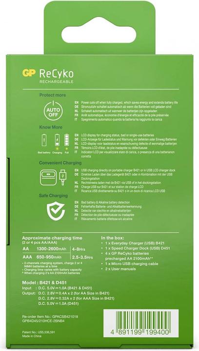 Immagine prodotto GP Batteries ReCyko B4D45 4x LCD 4Port Docking St. + 4x AA NiMh 2100mAh (4 pz., AA, AAA)