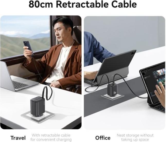 Image du produit Usams Ład. siec. 1xUSB-C ze zwijanym kablem USB-C Retractable PD+QC 30W Gan Fast Charging czarny/bla (30 W)