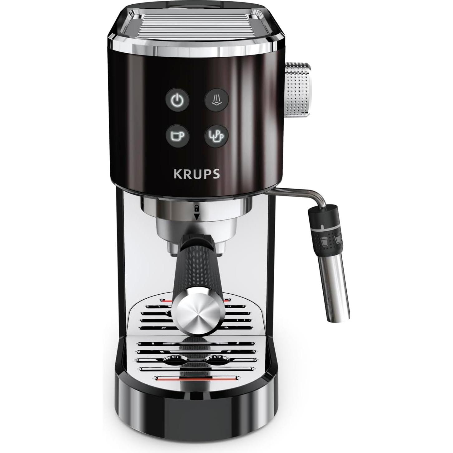 Krups EspressoVirtuoso+ XP444G Macchina per caffè espresso con portafiltro nero con latte, Macchina per caffè con portafiltro, Nero, Argento