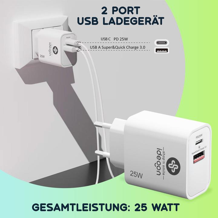 Image du produit Ideoon Dual 25Watt USB Ladegerät, 1x USB-C und USB-A, PD- & QC-Netzteil, weiss (25 W, 2 ports)