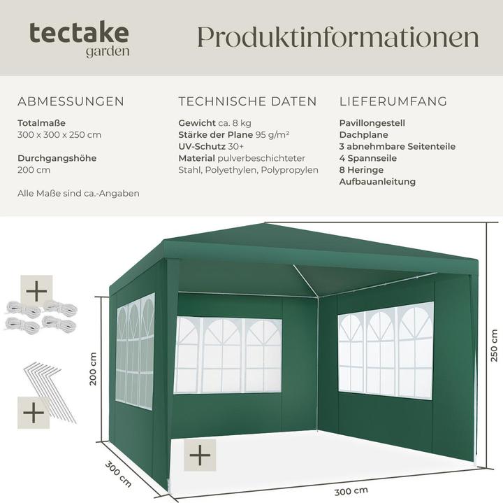 Actual product image tectake Pavilion Barinas with 3 side panels, waterproof, 3x3m (300 cm, 300 cm)