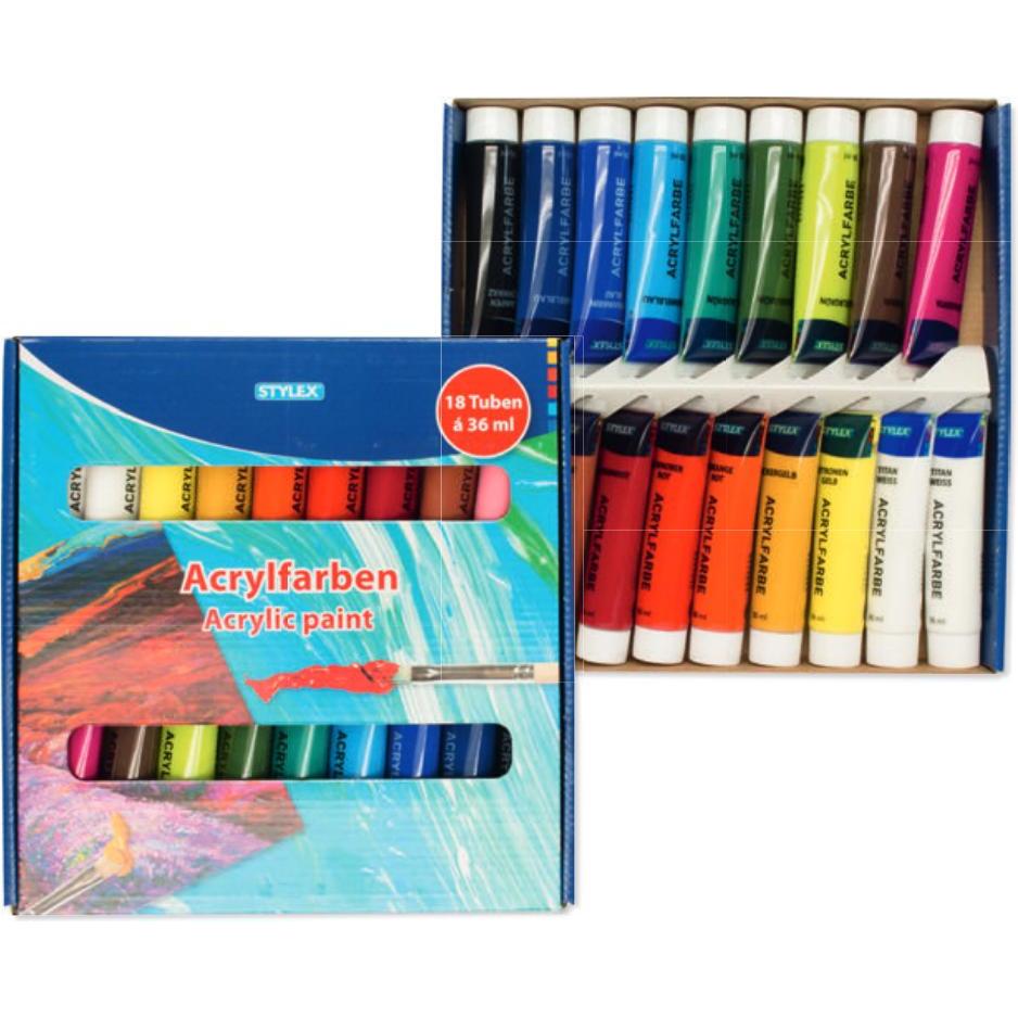 Stylex, Künstlerfarbe + Bastelfarbe, Acrylfarbe 18er 36 ml mehrfarbig (Orange, Red, Black, Blue, Green, Yellow, Brown, W...