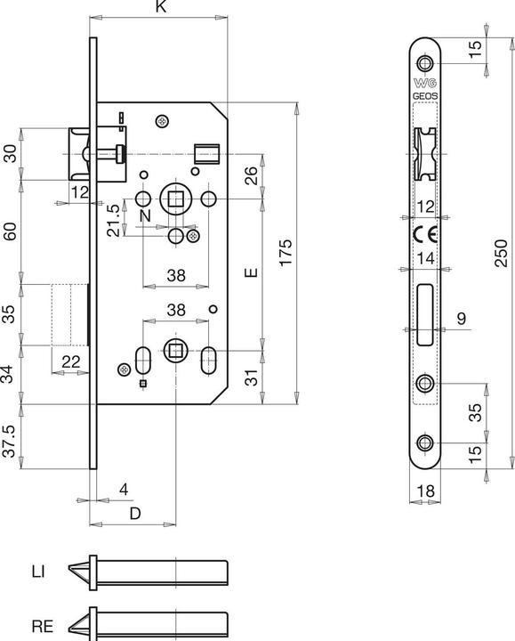 Produktbild Grundmann WG Einstemmschloss 440 R, WC, DM 60, Stahl verzinkt silberfärbig