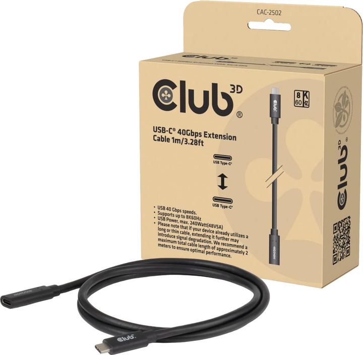 Productafbeelding Club 3D Club3D Kabel USB 4 Typ C 1m Verlängerung 40Gbps St/Bu (1 m, USB 4.0, 240 W)