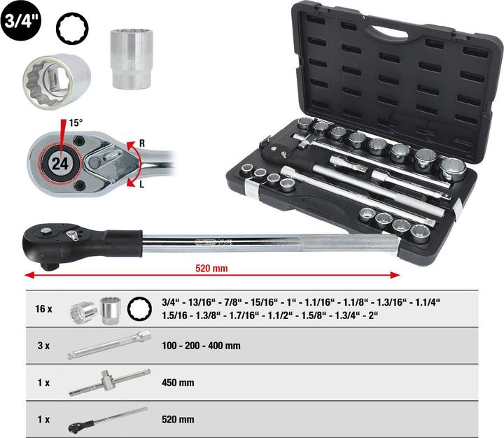 Immagine prodotto KS Tools Set di chiavi a bussola da 1/4", 21 T., esagonali esterne, in pollici, cromate satinate opache (3/4")