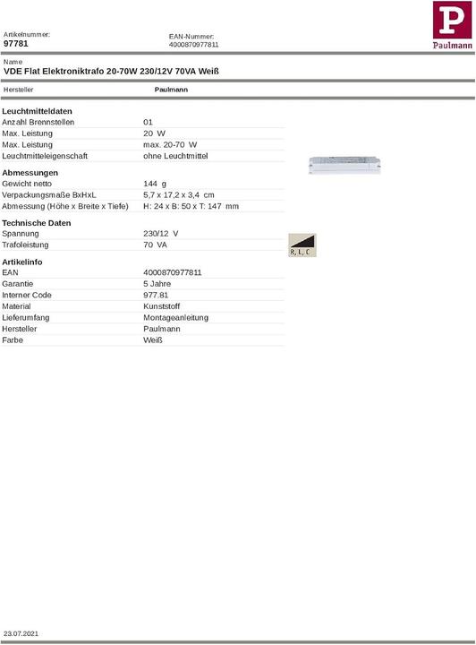 Produktbild Paulmann VDE Flat Transformer