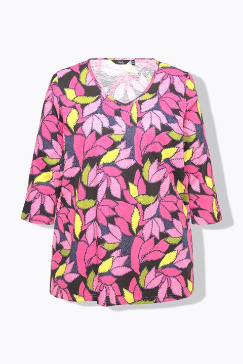 Actual product image Ulla Popken 3/4 Sleeve V-Neck Leaf Print Tee (60)