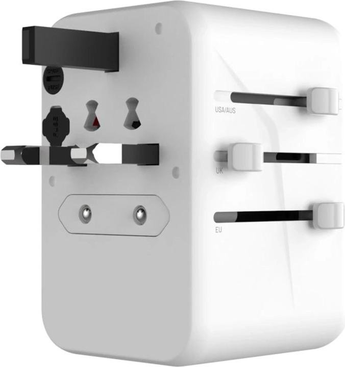 Actual product image Fixed Voyager 65 W travel adapter for EU, UK and USA/AUS, with 3xUSB-C and 2xUSB output, GaN, PD 65W, whit