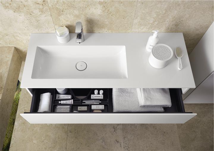 Immagine prodotto burgbad Lavabo in fusione minerale Lin20 colore bianco lucido a filo a sinistra con mobiletto 2 cass