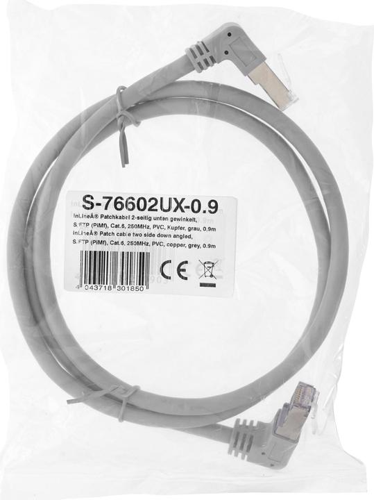 Produktbild InLine Patchkabel 2-seitig unten gewinkelt, S/FTP (PiMf), Cat.6, 250MHz, PVC, Kupfer, grau, 1,1m (PiMF, CAT6, 1.10 m)