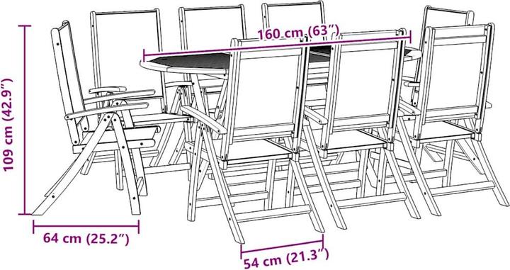 Actual product image vidaXL Garden furniture dining set garden set 9-piece solid wood acacia textilene (160 cm)