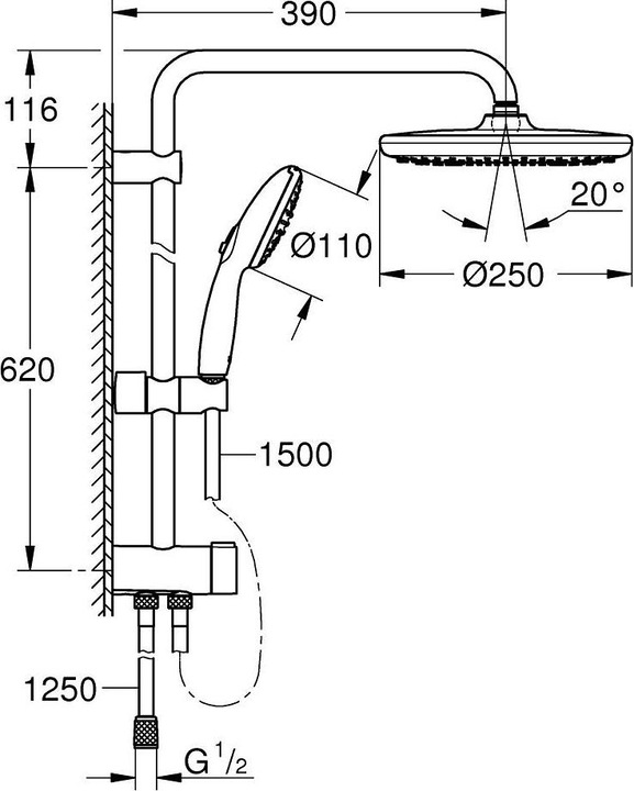 Produktbild Grohe Vitalio Start System 250 Flex Duschsystem mit Umstellung, Renovierungs-Set, variable Bohrlöcher, was