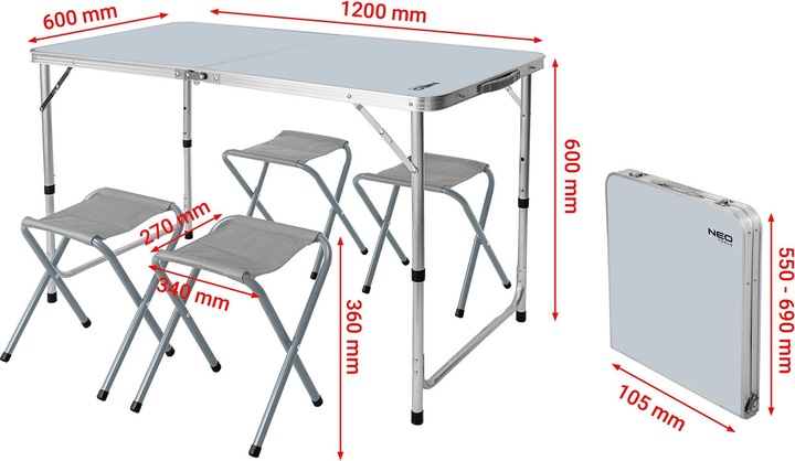 Actual product image Neo A set of camping table and 4 chairs, folded up in a case