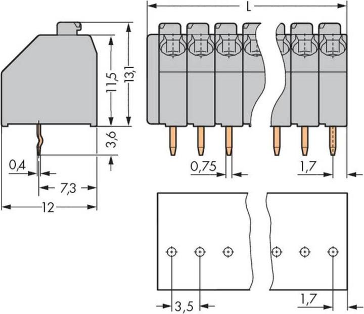 Actual product image Wago 250-113 1-wire terminal strip for printed circuit boards 0.5-1.5 qmm grey