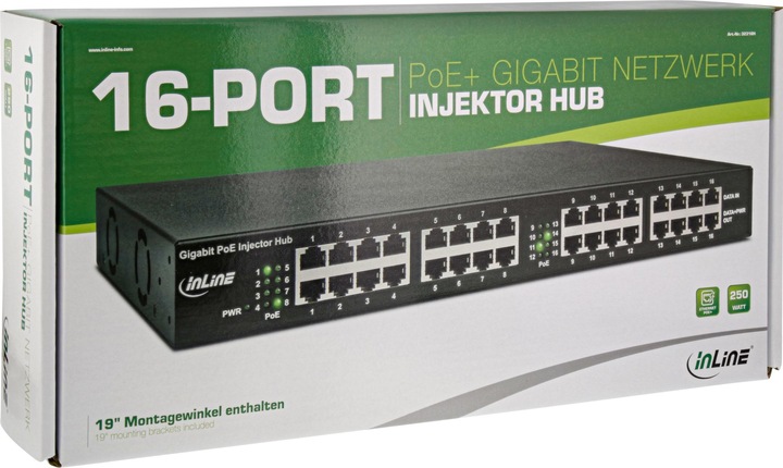 Produktbild InLine PoE+ Gigabit Netzwerk Injektor Hub 16 Port (16x PoE+) (802.3at (PoE+), 250 W)