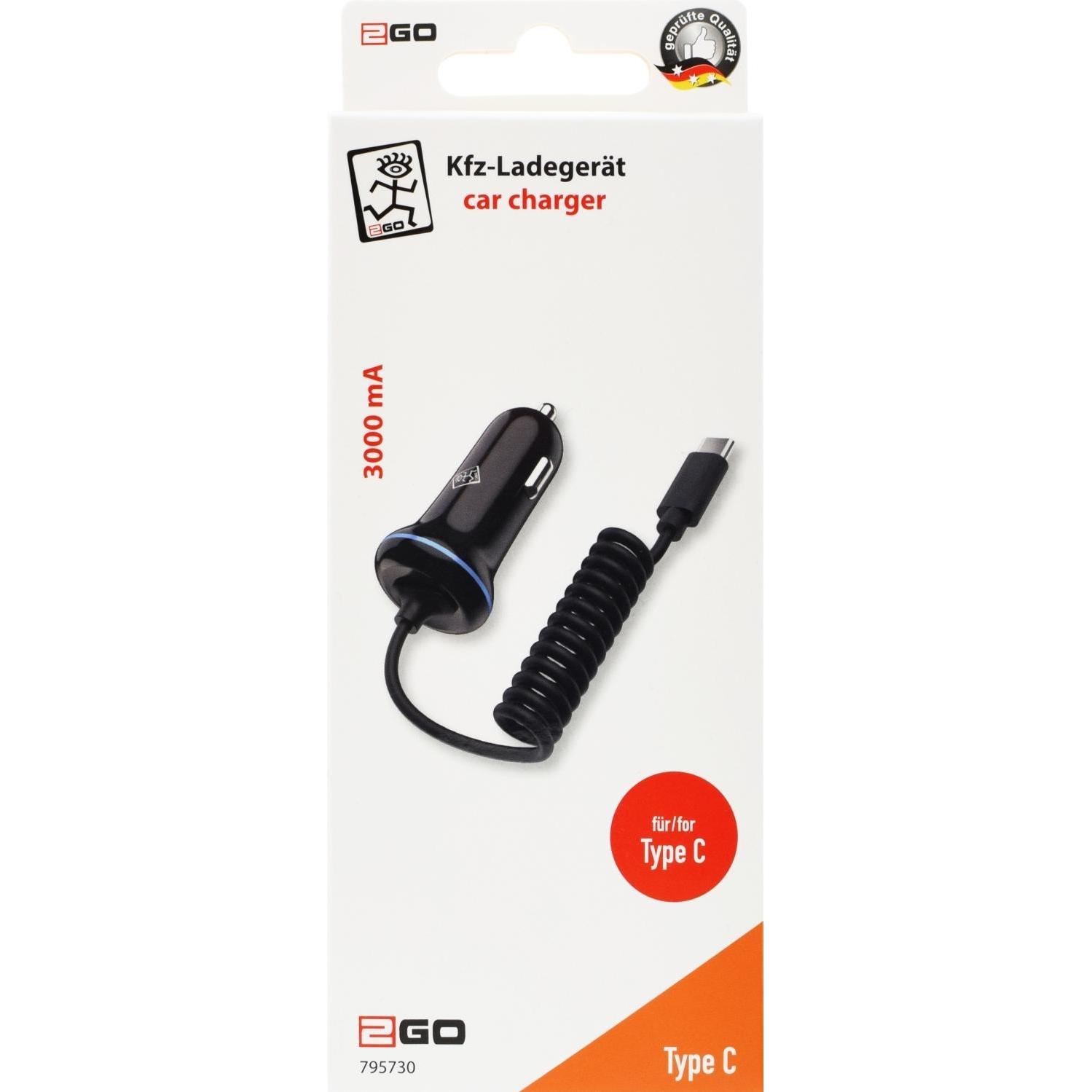 Thumbnail - 2GO Autoladegerät für USB TYP C 3A schwarz mit fixem Kabel, Auto Adapter, Schwarz