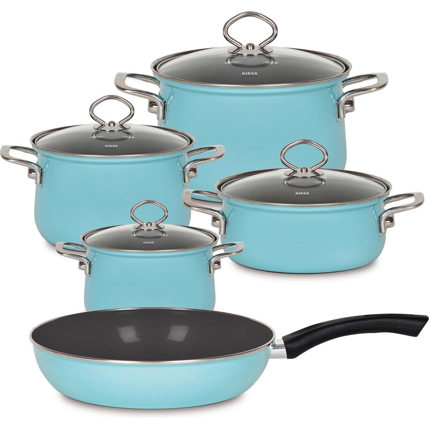 Riess Emailset 5-teilig, Pfanne + Kochtopf, Blau, Transparent