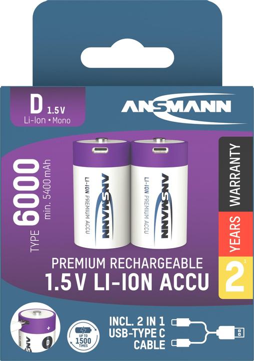 Image du produit Ansmann LR20 Pile USB-C Mono (D) Li-Ion 6000 mAh 1.5 V 2 pcs. (2 pcs, D, 6000 mAh)