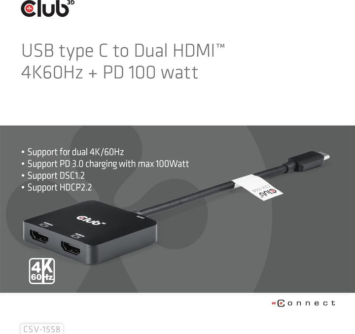 Actual product image Club 3D Club3D MST hub USB 3.2 Type C > 2x HDMI 4K60Hz +100W PD St/Bu retail (USB-C, 3 ports)