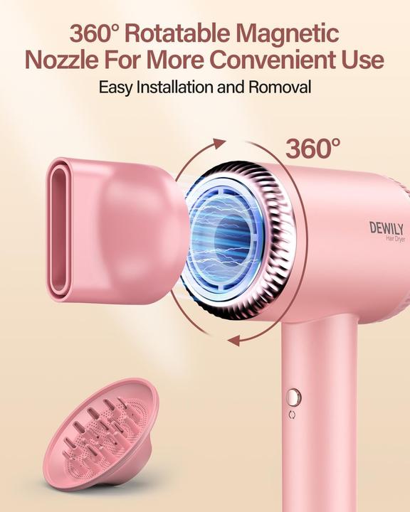 Immagine prodotto Dewily Asciugacapelli con diffusore magnetico, motore brushless 110000 rpm, 300 milioni ioni negativi