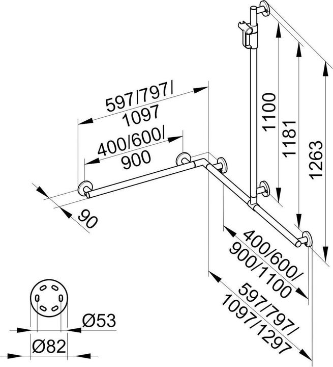 Actual product image Keuco Shower handrail PLAN CARE m shower rail 797/797/1263mm vc