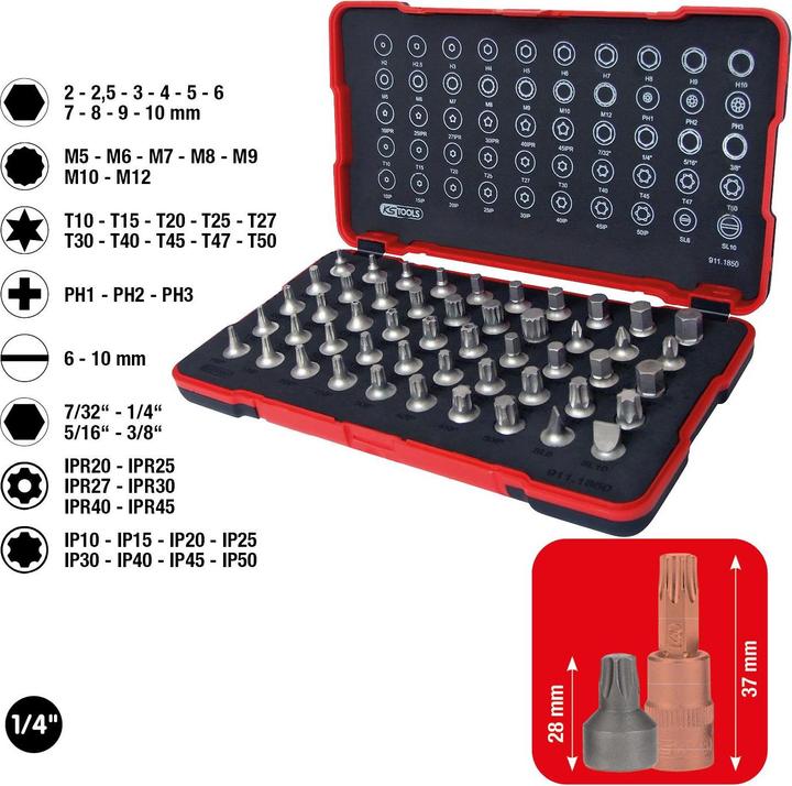 Produktbild KS Tools 1/4" Bit-Stecknuss-Satz extra kurz 50-tlg 911.1850 Bit-Set