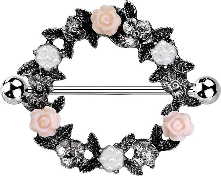 Produktbild Star Piercing Barbell silber mit zwei Kugeln Blumenkranz (Messing, Chirurgenstahl 316L)