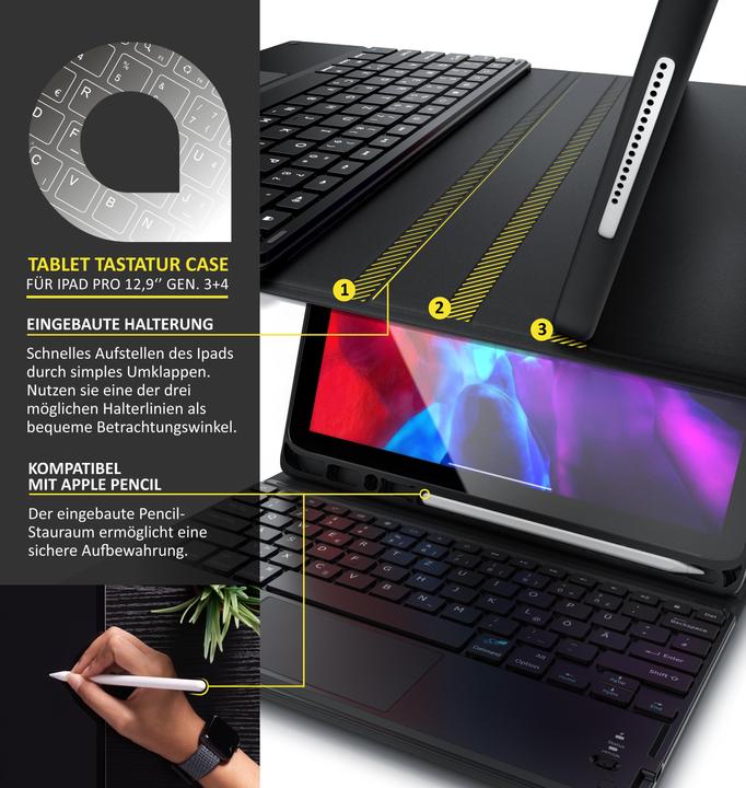 Actual product image Aplic Bluetooth tablet keyboard for iPad Pro 12.9 inch Gen 3 + 4, 280 mAh battery, keyboard with case (DE)