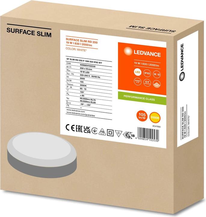 Actual product image Ledvance SURFACE SLIM wall/ceiling light IK10 round 200 19W 830 white IP65 (2000 lm)