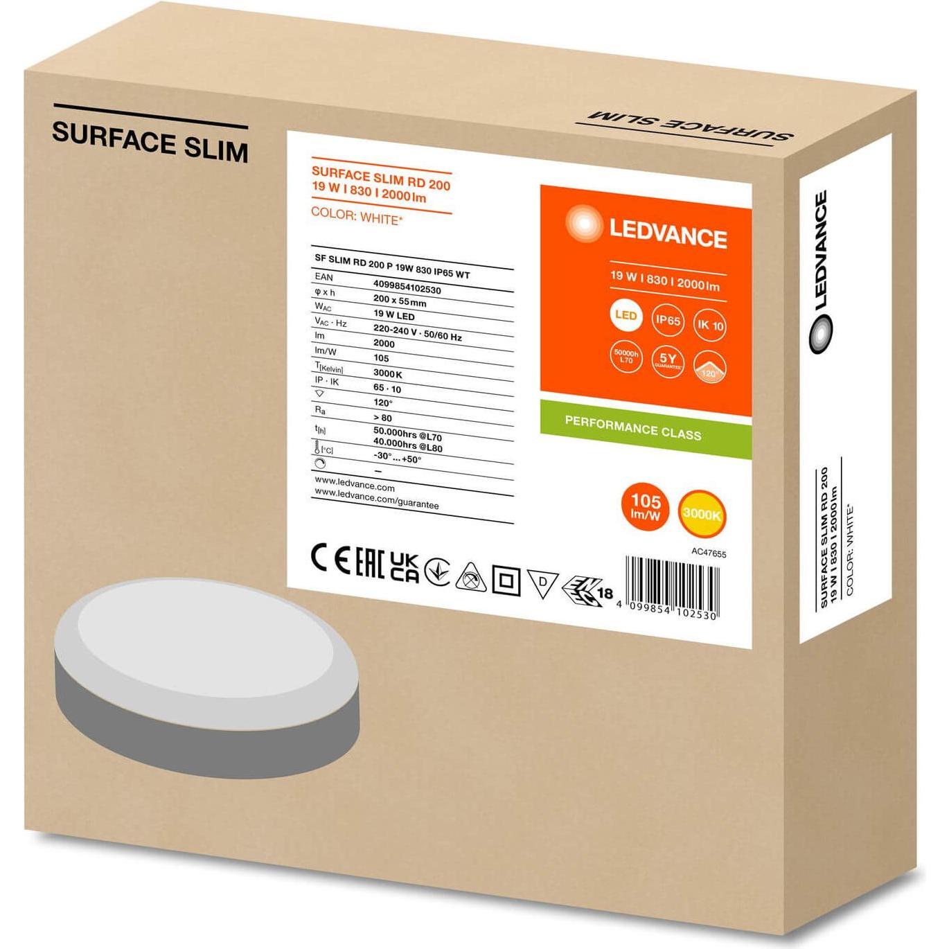 Thumbnail - Ledvance, Wandleuchte + Deckenleuchte, SURFACE SLIM Wand-/Deckenleuchte IK10 rund 200 19W 830 weiss IP65 (2000 lm)