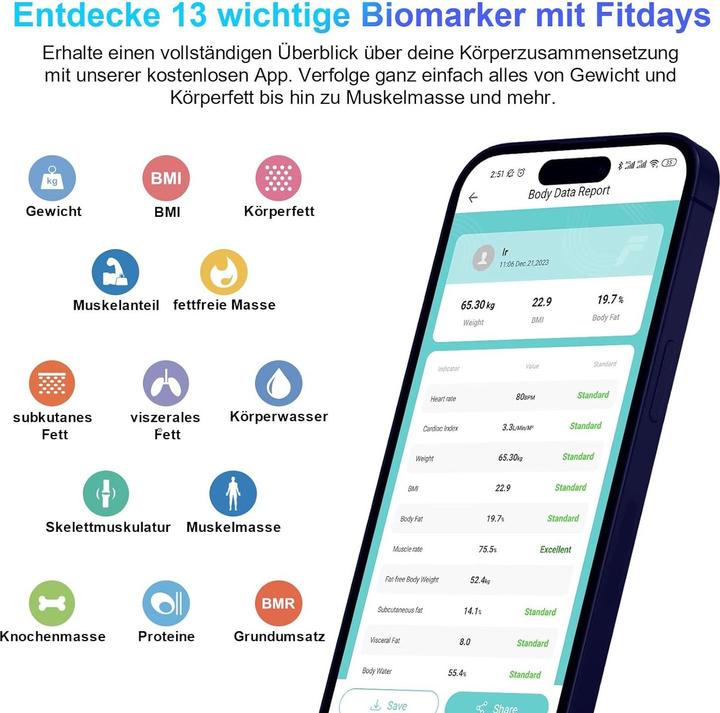 Produktbild Healthkeep Digitale Körperfettwaage mit App & Bluetooth-Funktion (180 kg)