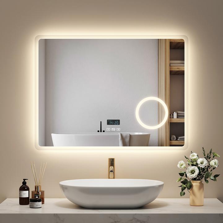Emke Bathroom Mirror With Lighting 80*60cm,3X Magnification,Bluetooth-Audio, 3CCT(3000K-6500K) (80 x 60 cm)