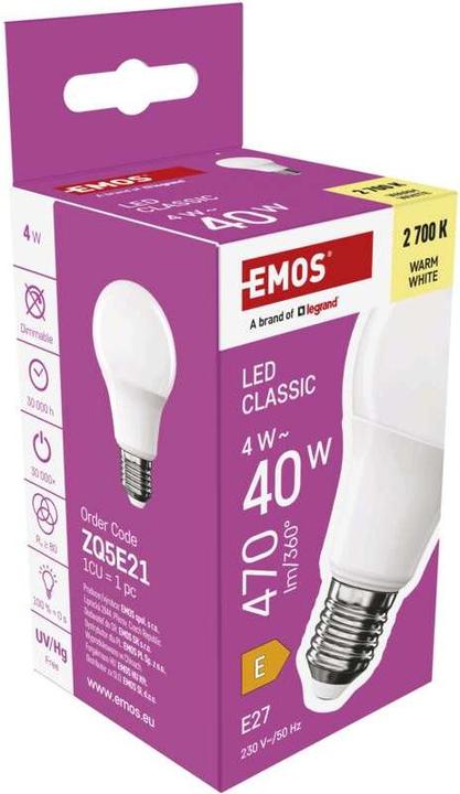 Image du produit Emos Lampe LED Classic A60 / E27 / 4 W (40 W) / 470 lm / Blanc chaud (E27, 4 W, 470 lm, 1 x, E)