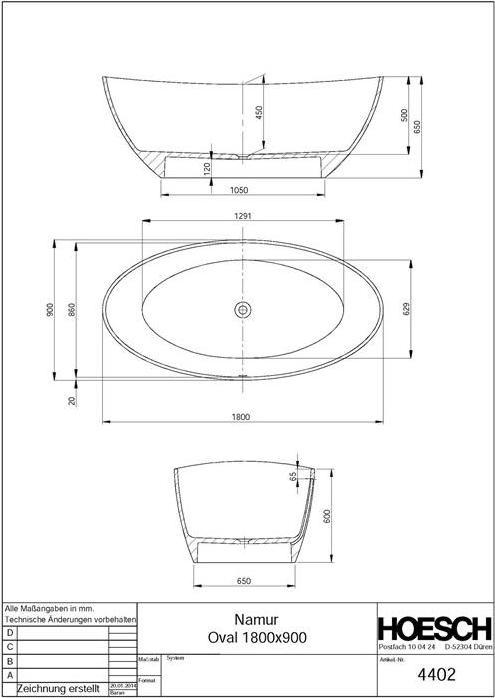 Immagine prodotto Hoesch Vasca da bagno NAMUR 1800x900x450mm free standing bianca (350 l, 180 cm, 90 cm)
