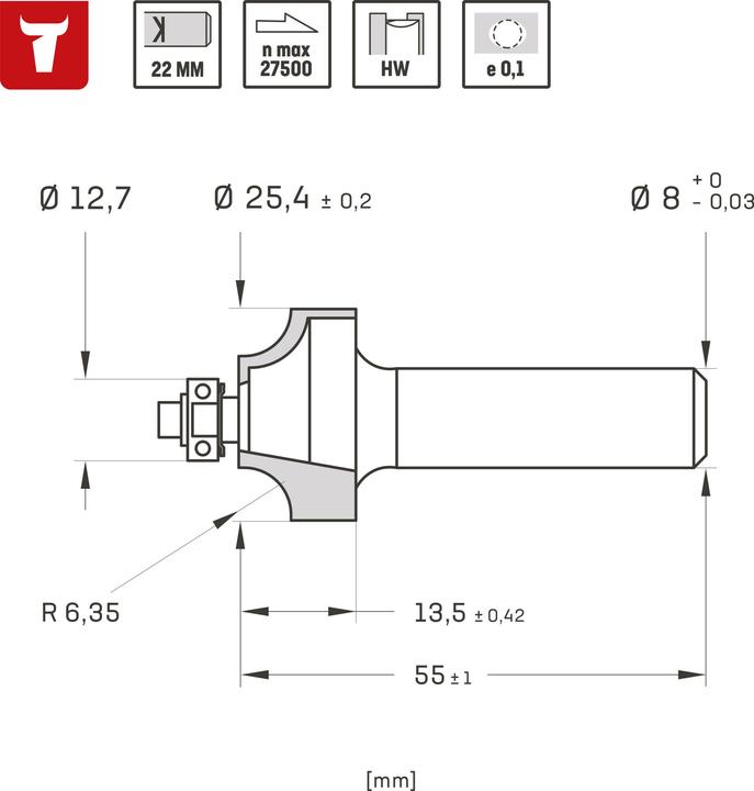 Produktbild Stier Abrundfräser D25,4 x R6,35 x S8 mm HM (HW)