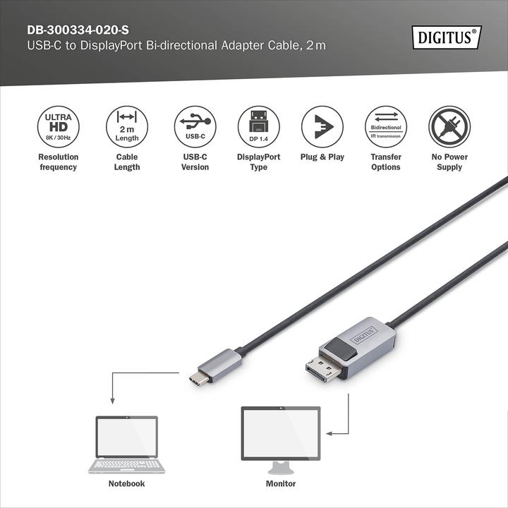 Actual product image Digitus USB Type-C Adapter Cable, USB Type-C to DP (2 m, USB Type C, 1.4)