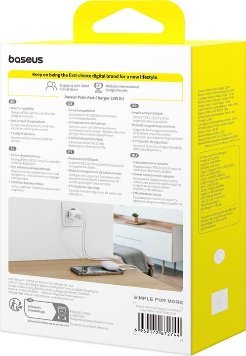 Produktbild Baseus - Wall Charger Palm (CCZC20UE) - 2in1 Fast Charger, USB, Type-C, 20W, 5V/3A - Moon White (20 W, 2 Ports)