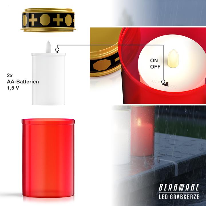 Actual product image Bearware 3x LED Grablicht, Wassergeschützt, Flackereffekt, 1 Monat Leuchtdauer, inkl. Batterien, Rot/Gold (3x)